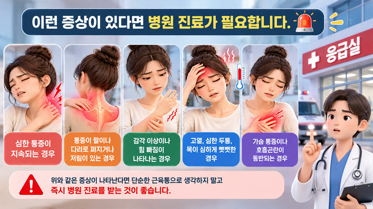 담 걸렸을 때 병원 진료가 필요한 위험 신호인 심한 통증, 팔과 다리로 퍼지는 통증, 저림과 근력 저하, 고열과 심한 두통, 가슴 통증과 호흡곤란을 표현한 3D 인포그래픽
