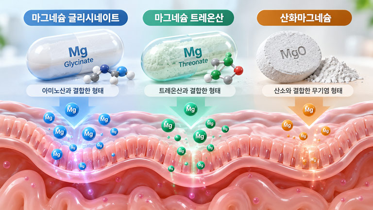 마그네슘 글리시네이트, 트레온산, 산화마그네슘의 형태별 특징과 장내 흡수 과정을 비교한 3D 인포그래픽