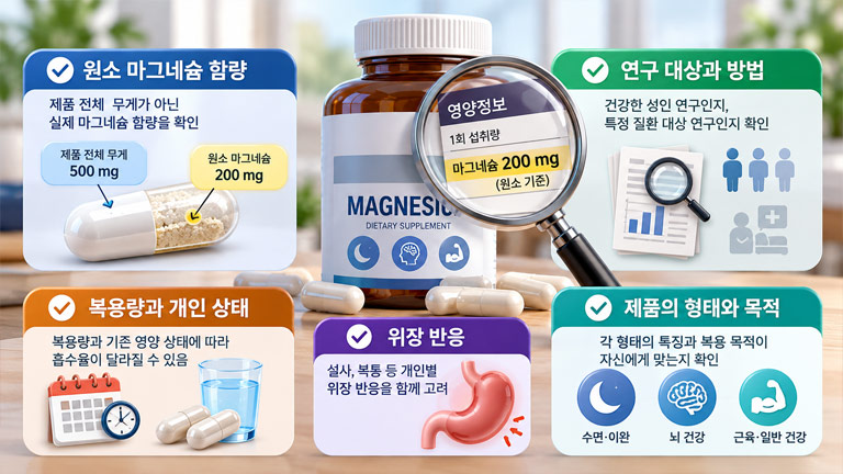마그네슘 흡수율 비교 시 확인할 원소 마그네슘 함량, 연구 대상과 방법, 복용량, 위장 반응 및 제품의 형태와 목적을 정리한 인포그래픽