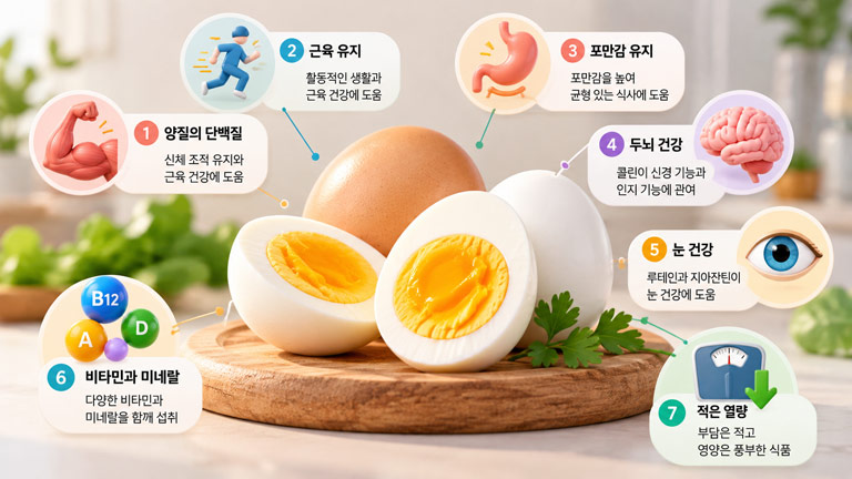 달걀 효능 7가지와 단백질, 근육 유지, 포만감, 두뇌 건강, 눈 건강, 비타민과 미네랄 등 주요 영양소를 표현한 3D 인포그래픽