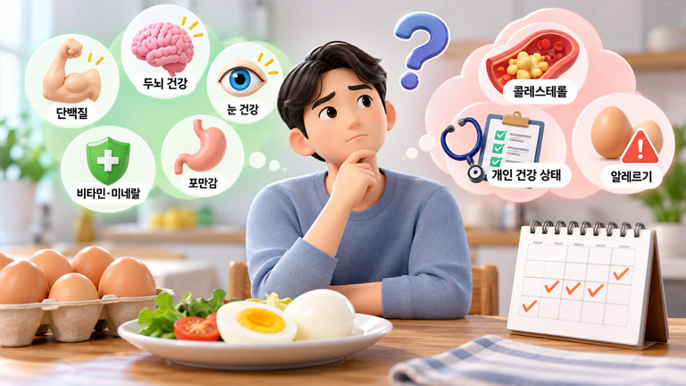 달걀을 매일 먹어도 괜찮은지 고민하는 모습과 함께 단백질·두뇌·눈 건강 효과, 콜레스테롤·개인 건강 상태·알레르기 등 섭취 시 고려할 사항을 표현한 3D 인포그래픽