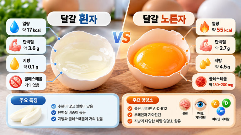 달걀 흰자와 노른자의 영양 성분 비교, 열량과 단백질·지방·콜레스테롤 함량 및 주요 영양소를 나타낸 모던 3D 인포그래픽