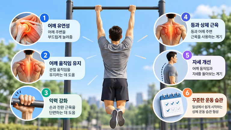 철봉 매달리기의 어깨 유연성, 관절 움직임, 악력, 등 근육, 자세 관리 및 운동 습관 효과를 보여주는 3D 인포그래픽