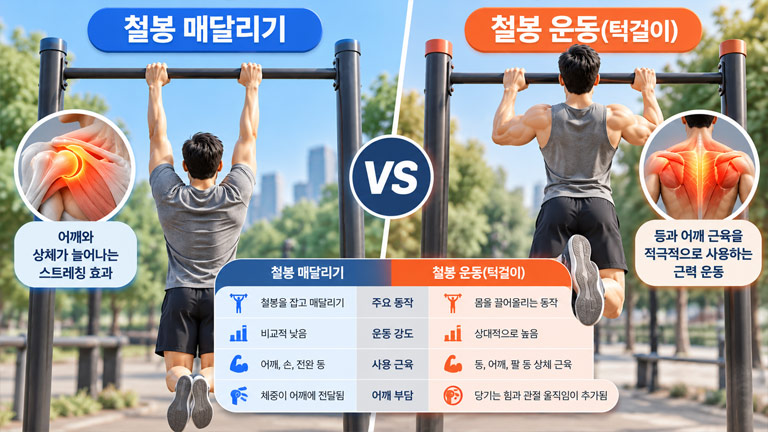 철봉에 매달리는 동작과 턱걸이의 운동 강도, 사용 근육, 어깨 부담 차이를 비교한 3D 인포그래픽